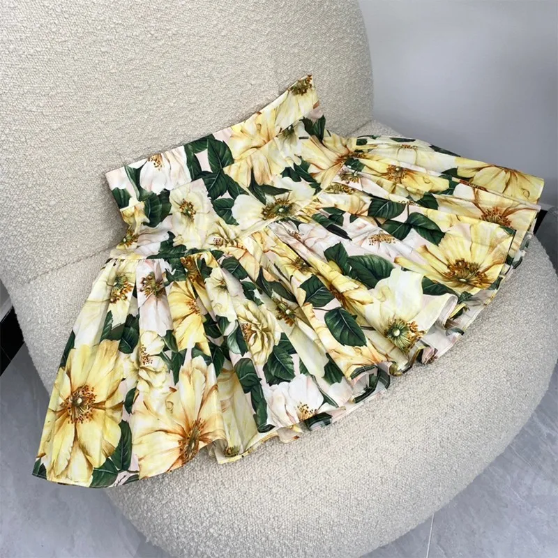 

High Quality Yellow Flower Print Skirts Suit Women Fashion Slash Neck Short Tops A-line Mini Skirt Classic Pattern 2021 Summer