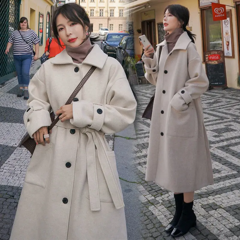 

Autumn Winter Woolen Coat Women Korean Elegant Long Overcoat Vintage Solid Color Bandage Jacket Oversize Office Warm Women Coats