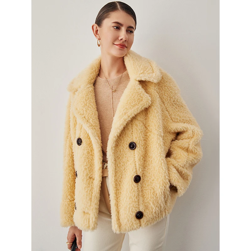 

Плотное теплое меховое двубортное пальто и куртки, женское пушистое пальто с отложным воротником, женское плотное пальто желтого цвета