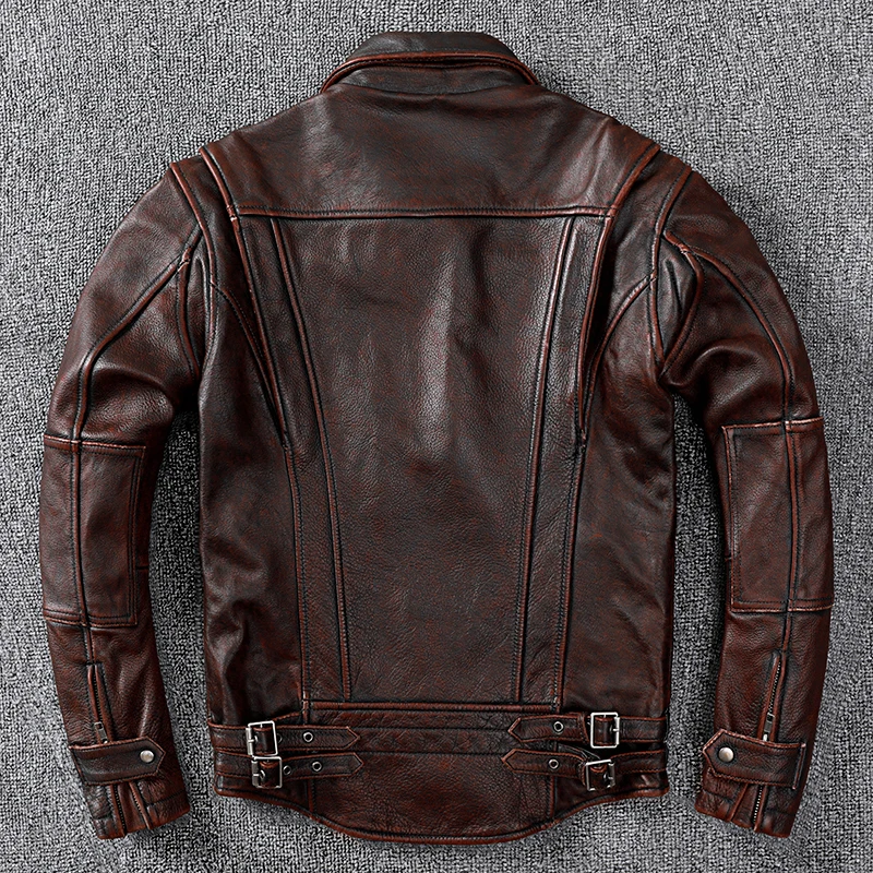 

Vintage Dark Brown Top Layer Leather Men's Cow Skin Jacket Retro Nostalgic Motorcycle Suit Leather Jacket