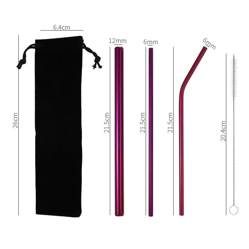 

5pcs/set Metal Reusable 304 Stainless Steel Straws Straight Bent Drinking Straw With Case Cleaning Brush Set Party Bar accessory