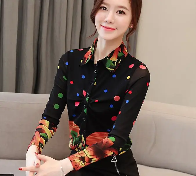 Женская шифоновая блузка с длинным рукавом и отложным воротником высокого