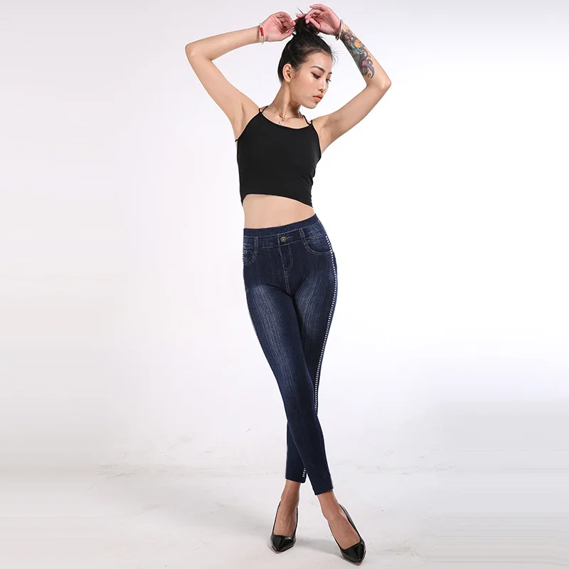 

Kalenmos Women's Cropped Pants Sequins Imitation Denim Leggings Women Cotton Fashion Side Polka Dot High Waist Cropped Pants