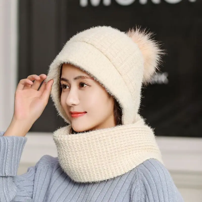 Зимние шерстяные вязанные шарф и шапка набор бини женский шарф Skullies Beanies шапки для женщин шапка s Gorras Bonnet маска цельная шапка