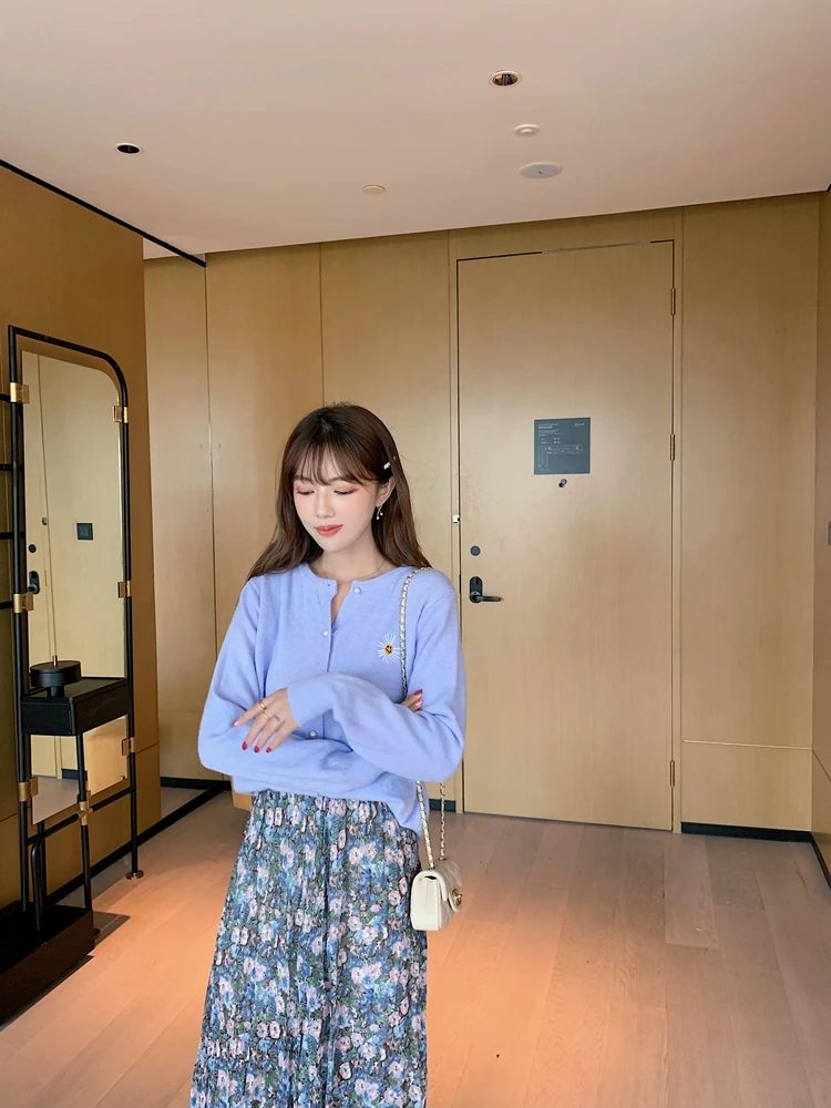 

Han edition dress will spring a new French chiffon floral elastic waist skirts