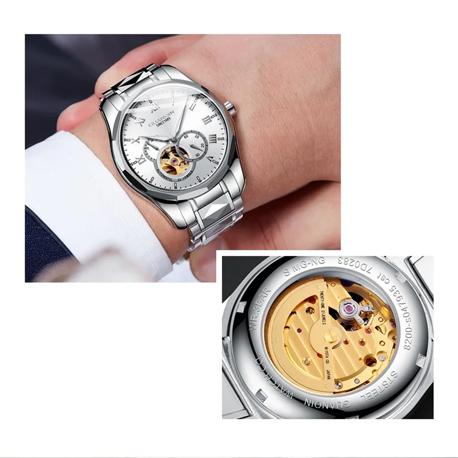 GUANQIN Japan MIYOTA Quartz Movement Automatic Mechanical Watch Men Luxury Tungsten Steel Push Button Hidden Clasp Male Clock
