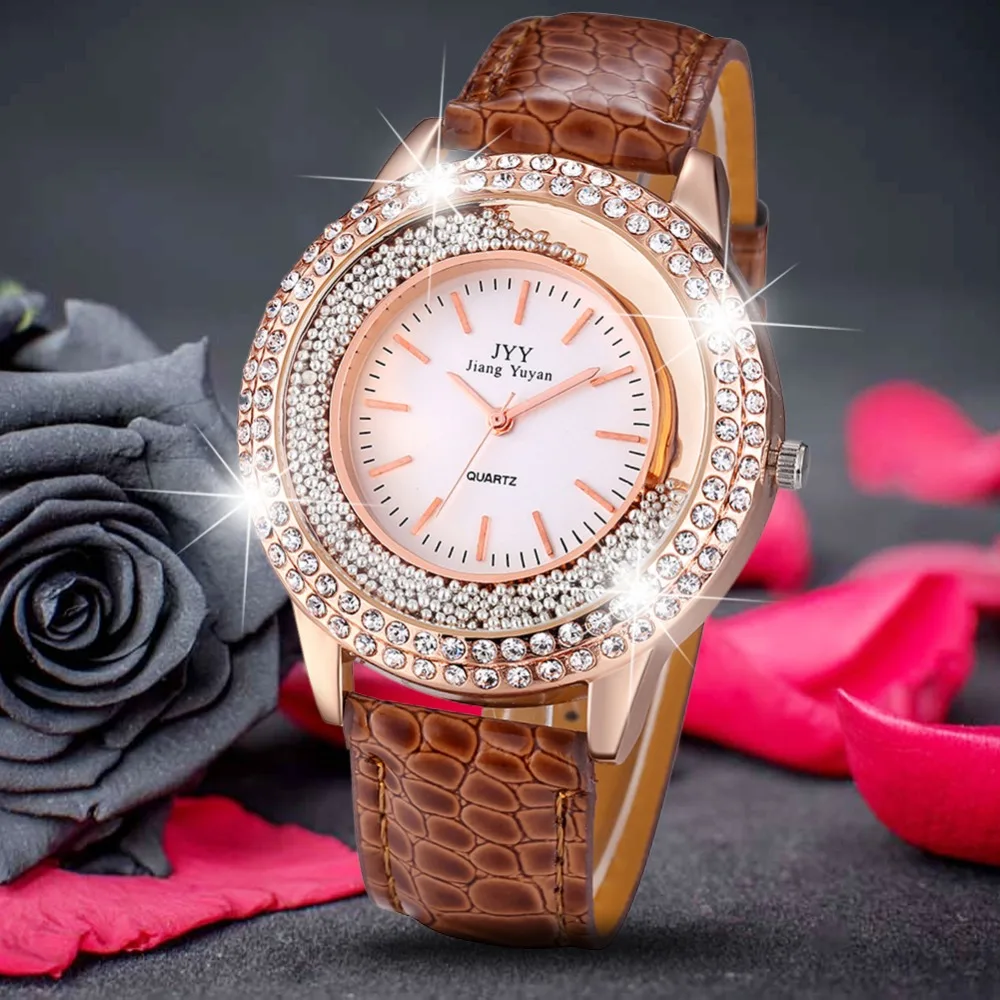 

Dropship New Fashion Ladies Leather Crystal Diamond Rhinestone Watches Women Beauty Dress Quartz Wristwatch Hours Reloj Mujer