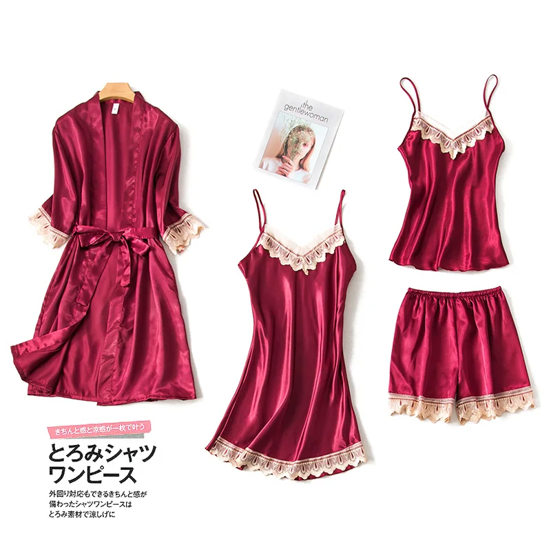 

Summer Autumn 4 Pieces Set Silk Elegant Women Pajamas Set Shorts Sleeve Top Elastic Waist Pants Lounge combination Sleepwear Set