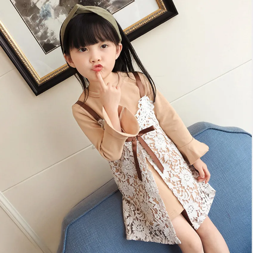 New Spring Autumn Girls Clothes Sets Baby Girl Flare Long Sleeve T shirt Dress and Lace Vest 2 Piece Set Chilren Kids Gifts | Детская