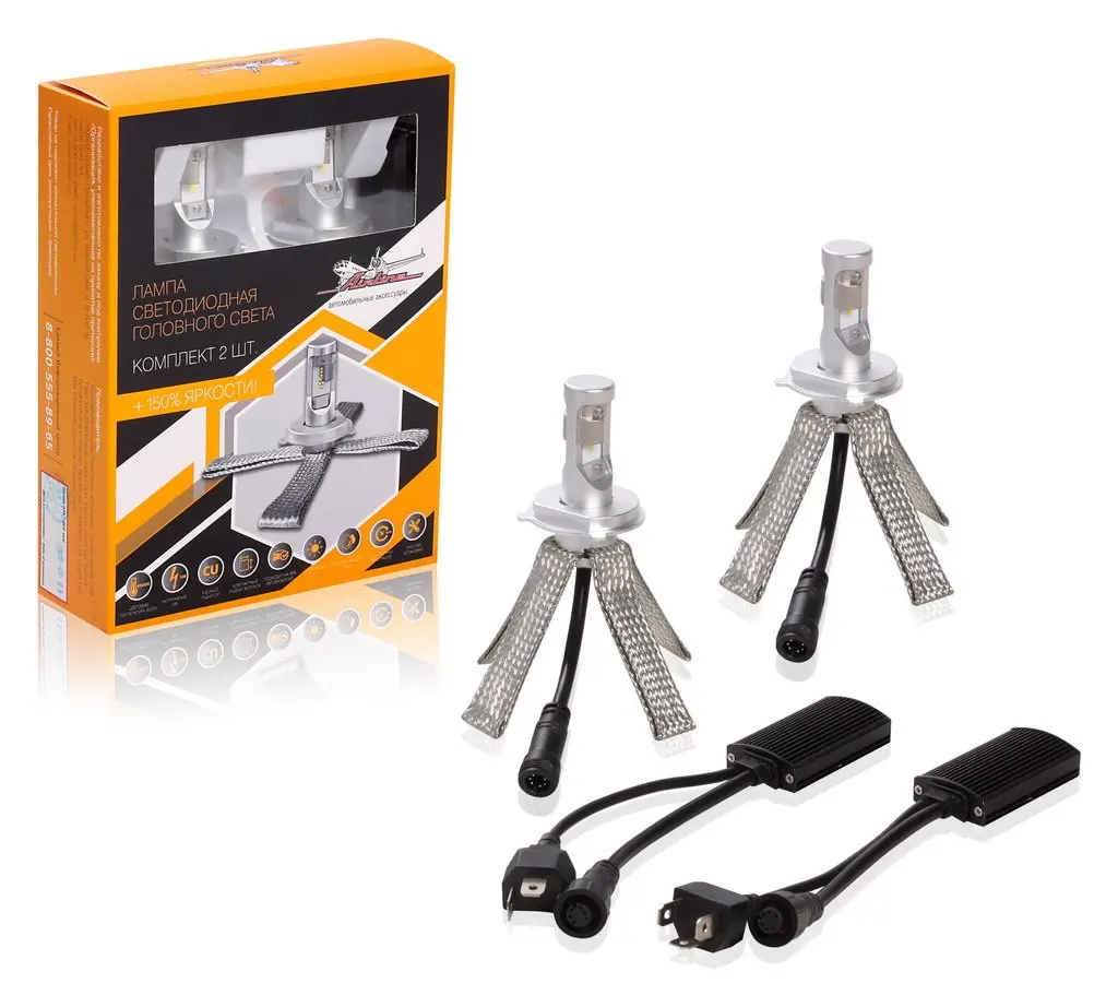 Лампа H4 LED кмпл 2шт. светодиодная 12В 2x18Вт 6500К 5000Лм белая PREMIUM AIRLINE ALED-H4-03 | Автомобили