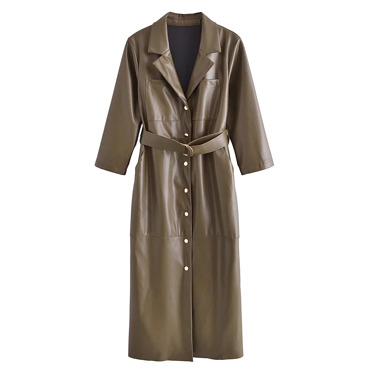 

Women's Dress Autumn Elegant Khaki Brown Green Faux Leather Shirt Dress Midi 2022 Office Lady 3/4 Sleeve Classic Retro Chic