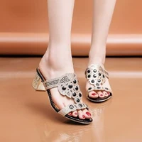 ladies high heels fashion thick heel slippers sandals summer wear all match rhinestone high heel slippers 2022 new large size