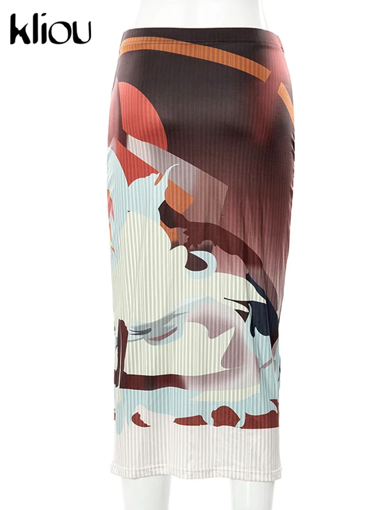 Женская юбка с винтажным принтом Kliou приталенная завышенной талией в стиле