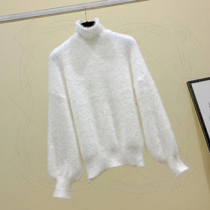 OMCHION Pull Femme 2021 Winter Turtleneck Faux Mink Cashmere Women Sweaters And Pullovers Korean Thick Knit Short Sweater LMY154 | Женская