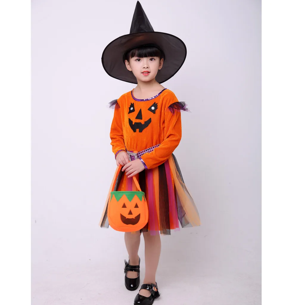 TELOTUNY Baby Kids Girls Halloween Long Sleeve Pumpkin demon Printed dress children's Princess +Cap+ Bags Costume Outfits ZA14 | Детская