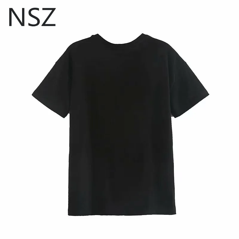 NSZ женская черная футболка с рисунком из мультфильма, хлопковая футболка с коротким рукавом, свободная повседневная футболка с круглым воротником, летние рубашки, Женская сорочка