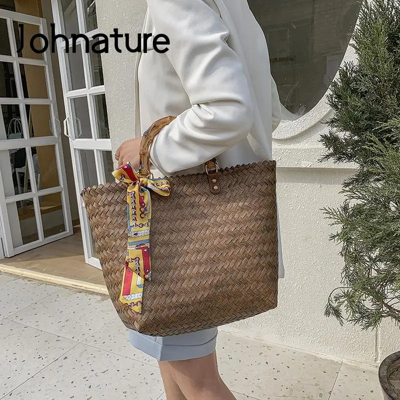 

Johnature 2022 Summer New Women Straw Woven Bag Fashion Large Capacity Handbag Versatile Casual Tote Leisure Holiday Beach Bags