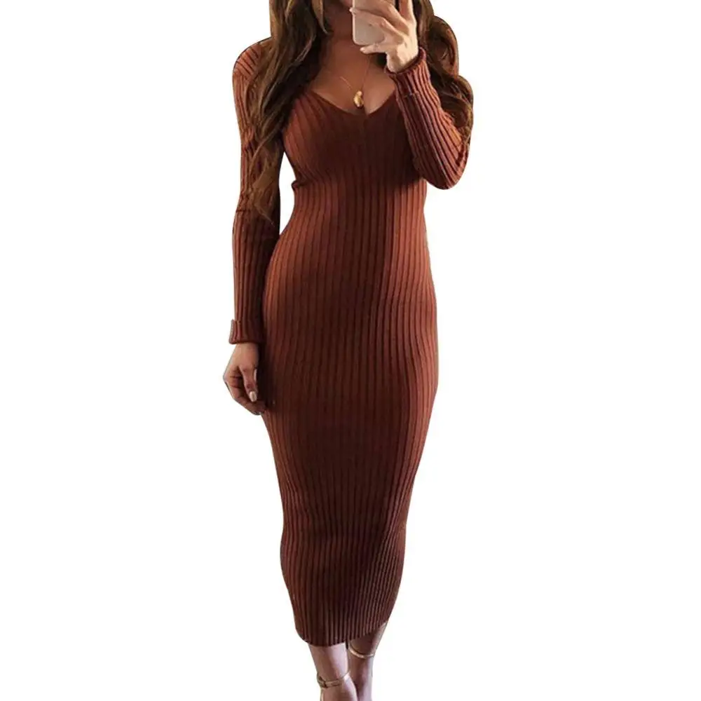

Elegant Wedding Party Dress Women Sexy Long Sleeve V Neck Backless Ribbed Bodycon Slim Knitted Midi Dress Office Ladies Vestidos