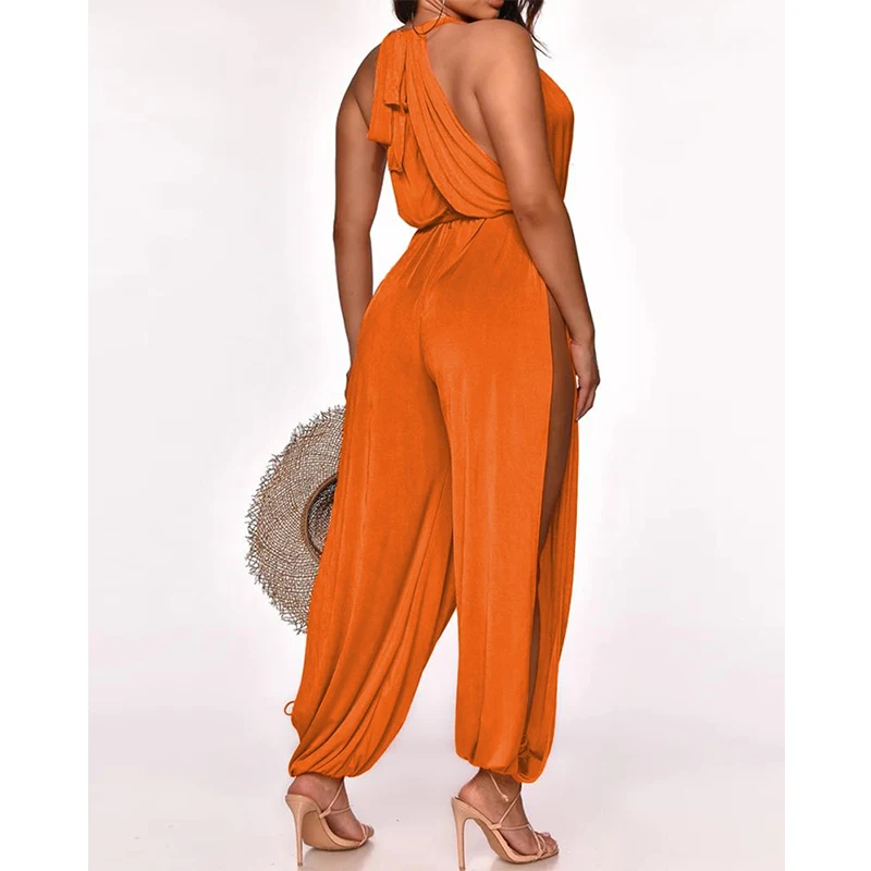 

Fashion Summer Sleeveless Solid Jumpsuit Sexy Backless Deep V Neck Romper Clubwear Women Elegant Wide Leg Lace-up Belt Playsuits