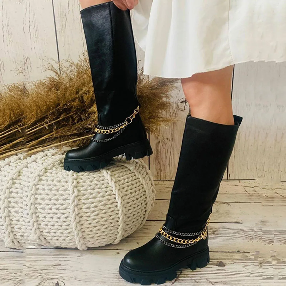 

SARAIRIS Fashion mid-calf Modern Metal Decoration Solid Women Shoes Concise slip-on Platform Women Boots