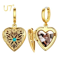 u7 vintage hollowed flower birthstone jewelry heart locket drop dangle earrings customized picture text gift for sensitive ears