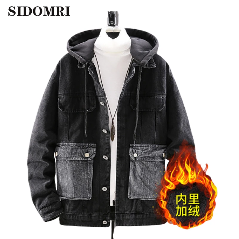 Winter and autumn men's denim jacket with a velvet thickened hoodie jacketslim-fit plover warm top for male