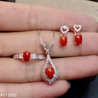 kjjeaxcmy fine jewelry natural red coral 925 sterling silver women pendant earrings ring set support test noble hot selling