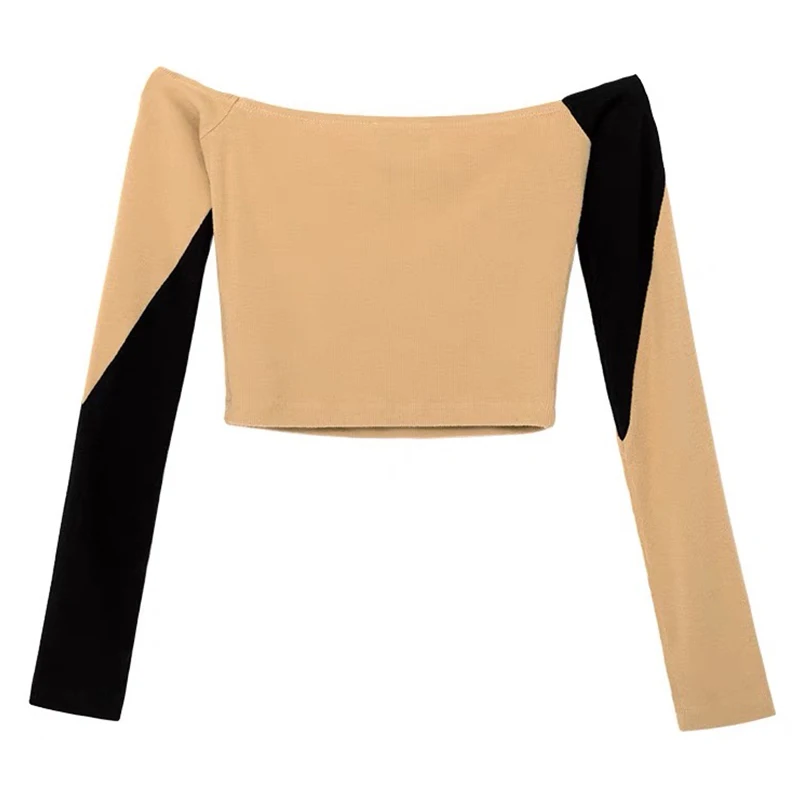 

French Vintage Sexy Apricot Slash Neck Irregular Color Matching Long-Sleeved Knit Top Off-Shoulder Short Base Summer 2021 Women