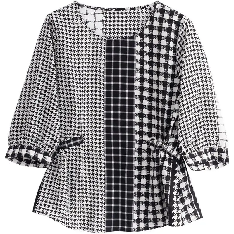

Fashion Women's Spring Summer Chiffon Blouses Women Casual O-Neck Black Color Plaid Loose Shirt Women's Blusas Tops