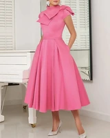 pink bow mother of the bride dress 2022 plus size vintage high neck tea length satin short sleeve wedding party gown vestidos
