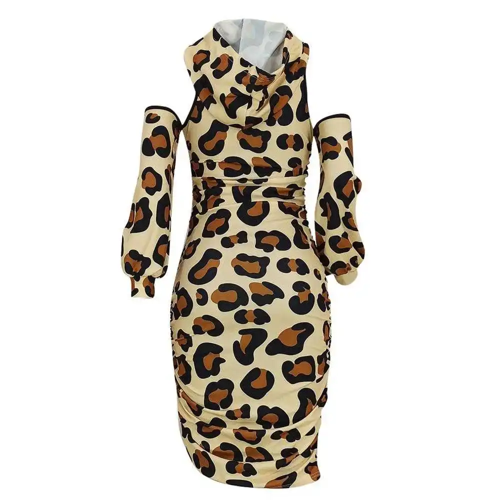 

Women Sexy Leopard Dress Cold Shoulder Full Sleeve Knee Length Sheath Elegant For Evening Party Night Club Dresses