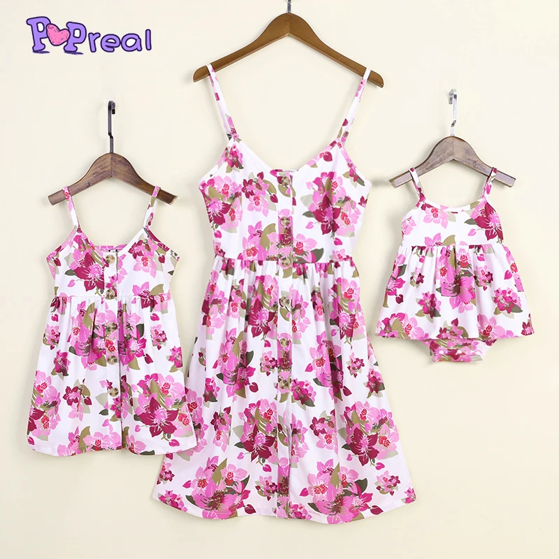 

PopReal Summer Mommy and Me Dresses Matching Outfits Sleeveless Short Dress Mom And Daughter Flower Floral Printed Straps