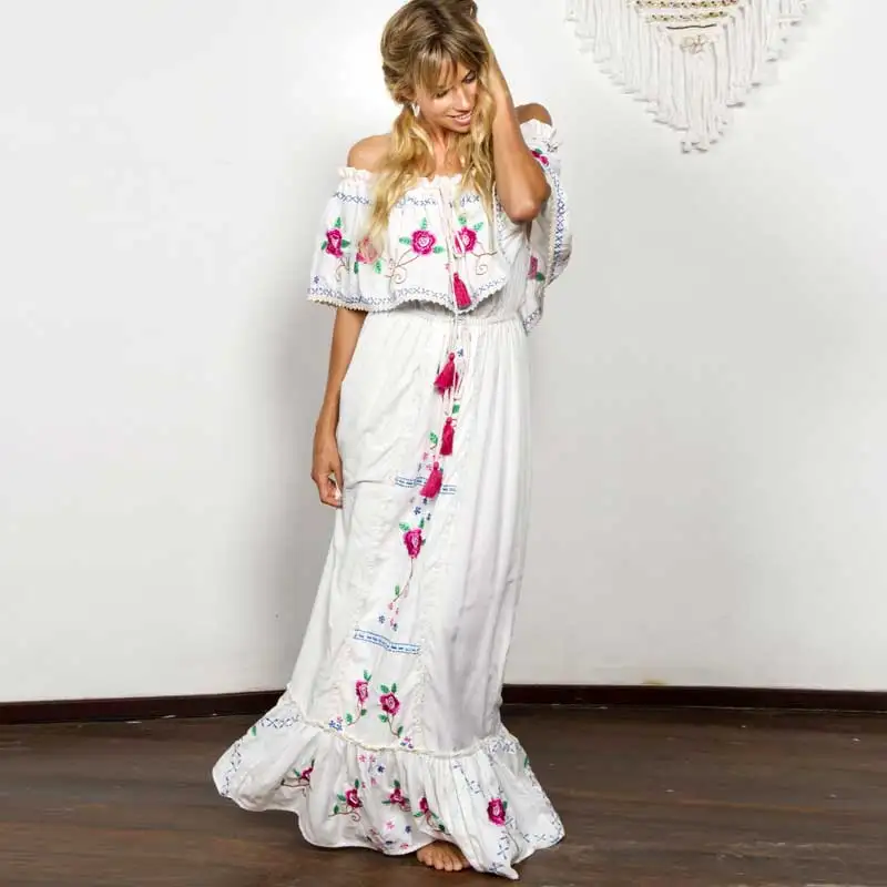 BOHO INSPIRED white Embroidered dess women Ruffle boho Dress off shoulder lace trim holiday summer dress elastic long | Женская одежда