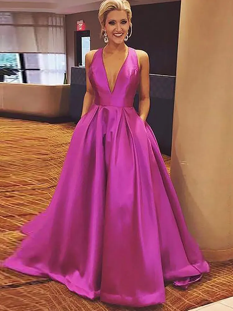 

V-Neck Evening Dresses A-line Sweep/Brush Floor length Party Dresses Sleeveless Simple high quality Customers Made Party Gowns