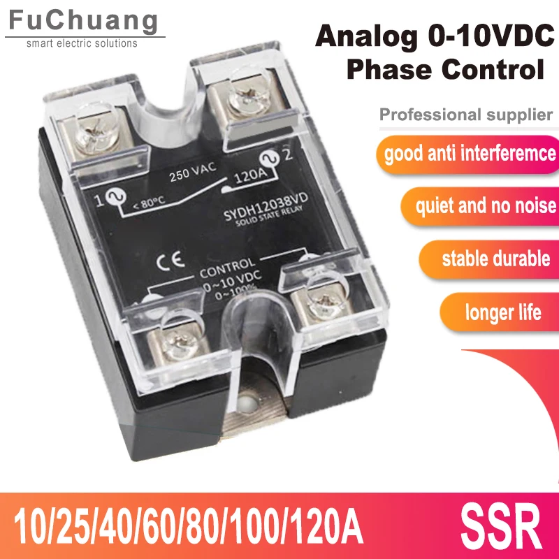 

Регулятор фазы SSR 10A 25A 40A 60A 80A 100A 120A, аналоговый сигнал, 0-10 В постоянного тока, регулятор напряжения, твердотельное реле, длительный срок службы