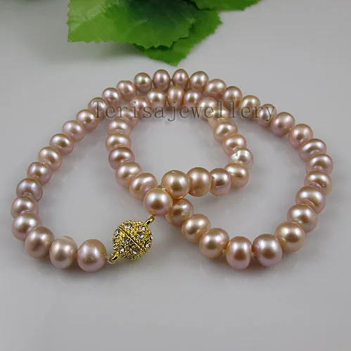 

New Arrival Terisa Pearl Jewelry Store AA 8-9MM Lavender Color Real Genuine Freshwater Pearl Necklace Rhinestone Magnet Clasp