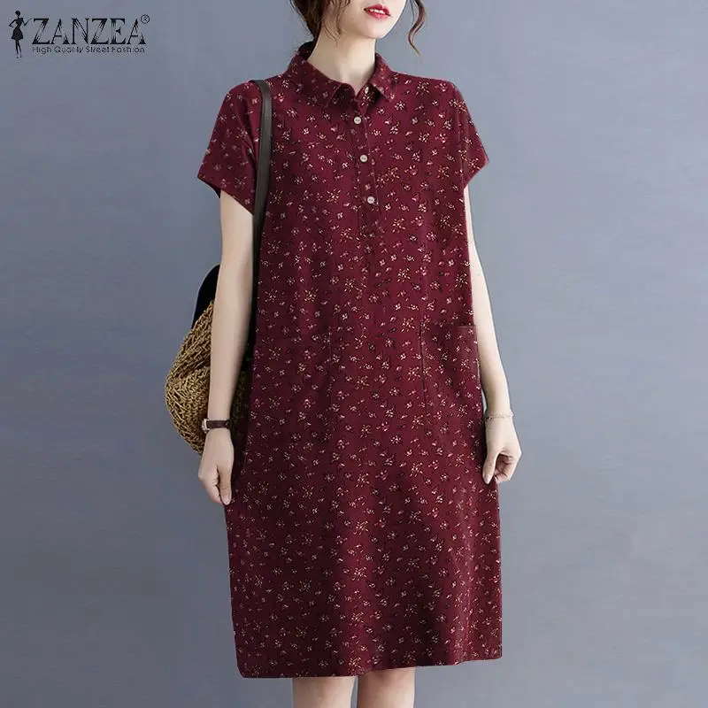 

ZANZEA Female Casual Lapel Button Street Robe Women Short Sleeve Knee Length Vestido Elegant Summer Sundress Floral Shirt Dress