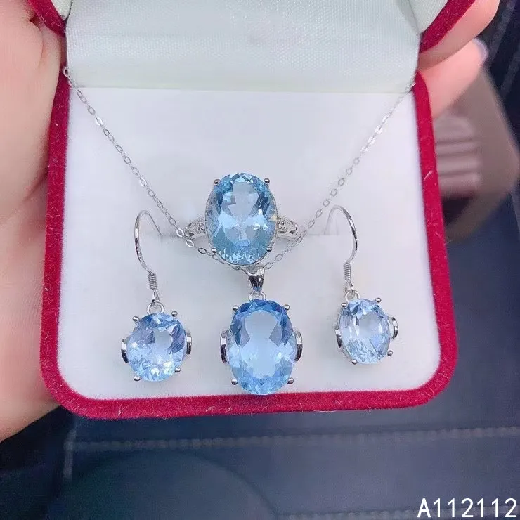 Fine Jewelry 925 Pure Silver Inset With Natural Gem Women's Luxury Lovely Oval Sky Blue Topaz Pendant Ring Earring Set Support D