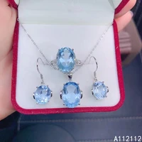 fine jewelry 925 pure silver inset with natural gem womens luxury lovely oval sky blue topaz pendant ring earring set support d