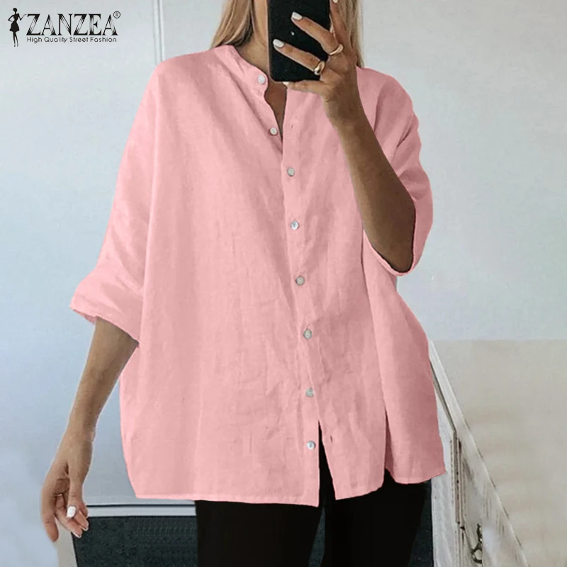 

ZANZEA 2022 Women Loose Autumn Blouses Kaftan Solid Tops Casual 3/4 Puff Sleeve Blusas Female O Neck Tunic Tops Chemise Oversize