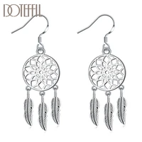 doteffil 925 sterling silver hollow round feather drop earrings charm women jewelry fashion wedding engagement party gift