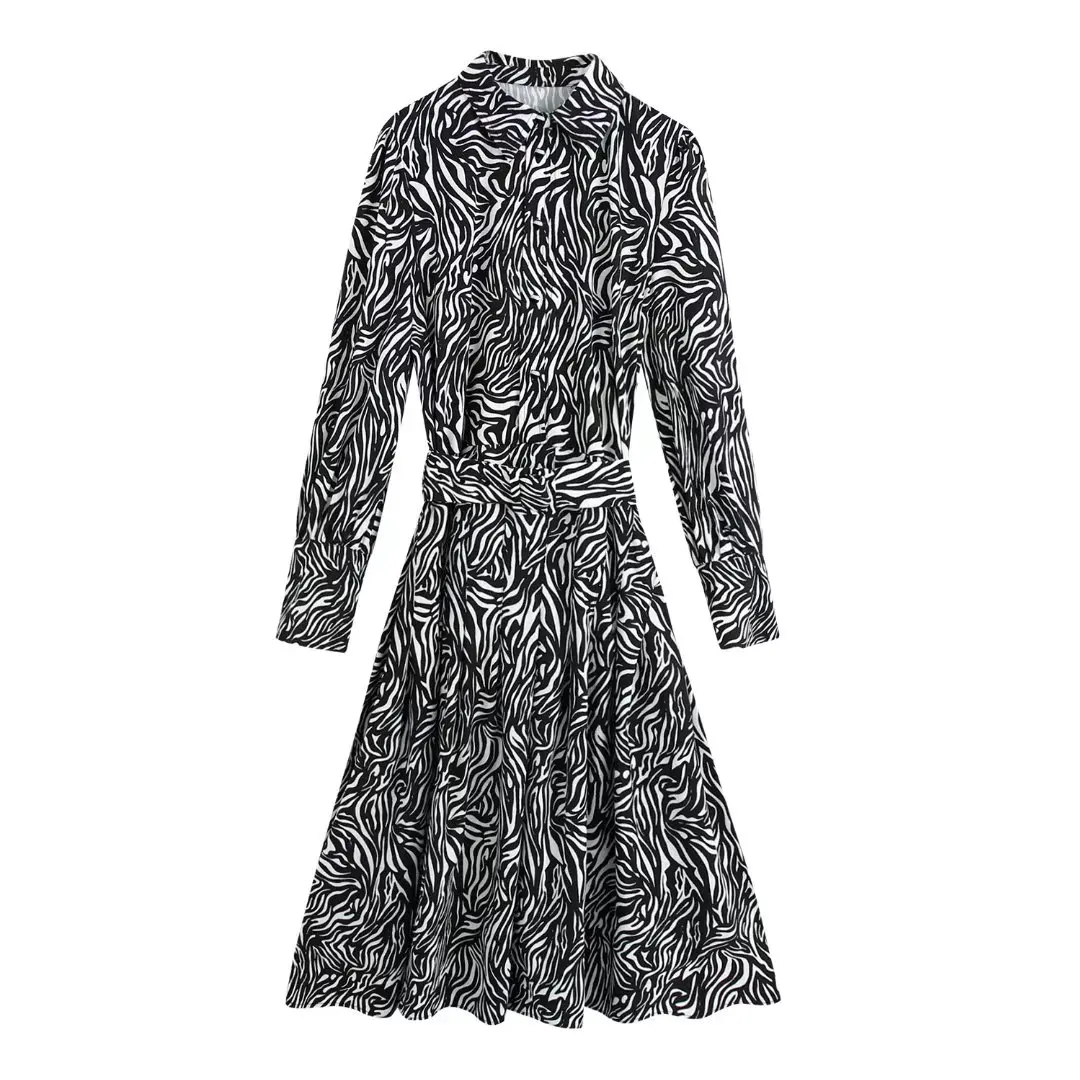 

WXWT Women Animal Pattern Print Dress With Belt Turn-down Collar Long Sleeve Ladies Vintage Midi Dress 2021 Autumn BB4423