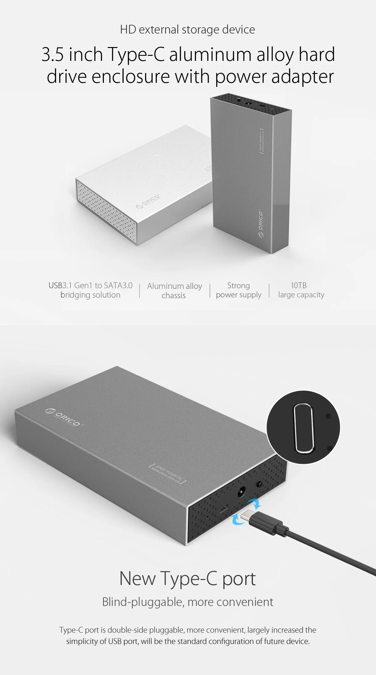 ORICO 3,5 ''HDD корпус USB3.1 type-C Hdd адаптер для samsung коробка для жесткого диска 10 ТБ макс Внешний HDD Чехол(серебристый