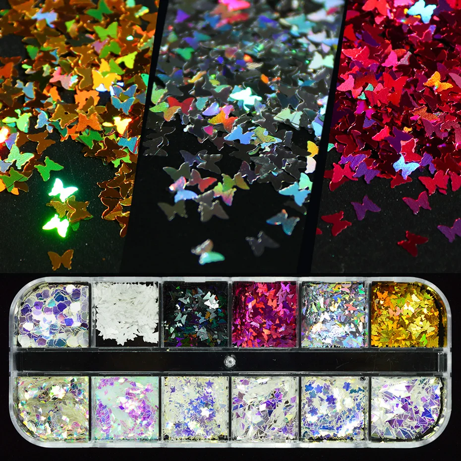 1 чехол лазерная бабочка цветок звезда блесток дизайн ногтей Блеск стикер ломтик