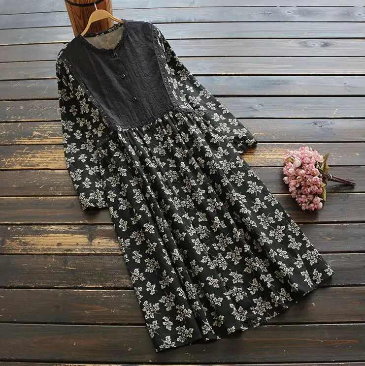 Женское хлопковое льняное платье 2019 с длинным рукавом на осень и весну цветочным