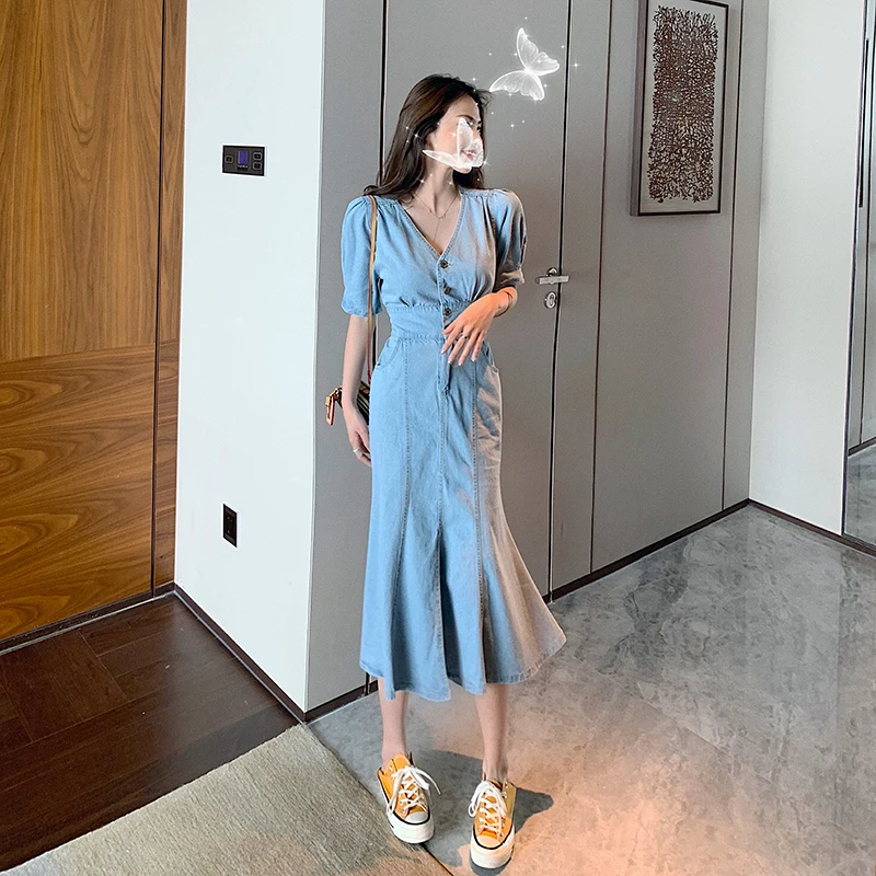 

Long Denim A-line High Waist V-neck Dress Women Vintage Elegant Plus Size Dress Mujer Summer 2020 Streetwear Dress Maxi