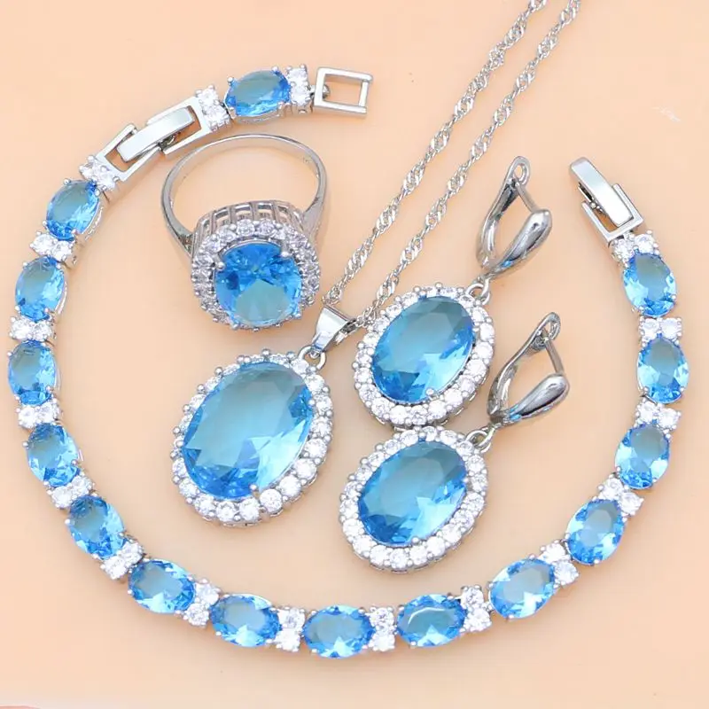 

Blue Australian Crystal 925 Sterling Silver Jewelry Sets Sky for Women Earrings Necklace Kit Party Dropshipping