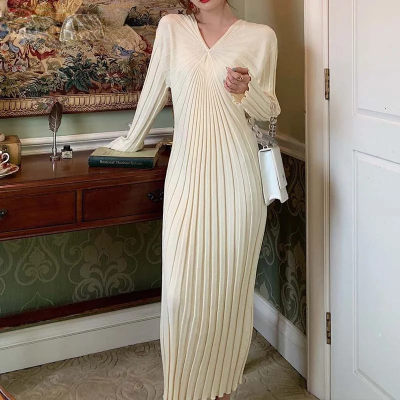 

Elegant Ladies Long Knitted Dress Autumn Winter Long Sleeve Sweaters Knitted Dress Women Slim Maxi Knitting Robe