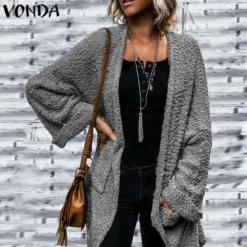 

Зимние пальто, женская верхняя одежда с длинным рукавом VONDA 2021, пальто из искусственного меха с открытой передней частью и карманами, женски...