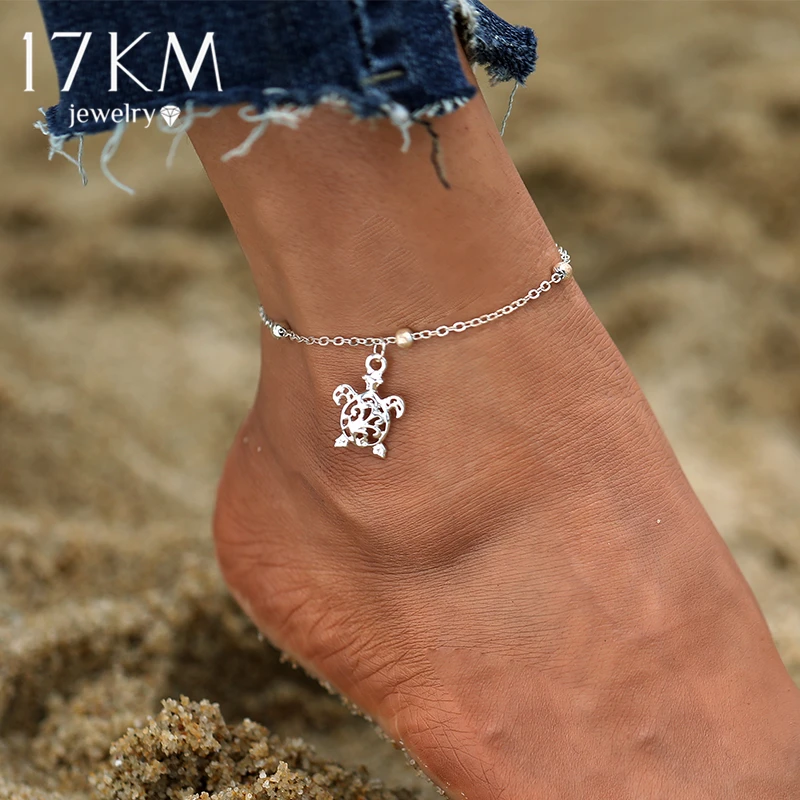 17KM Summer Beach Silver Color Turtle Shaped Anklets For Women Hollow Animal Beaded Anklet Bracelet On the Leg Foot Jewelry